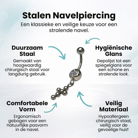 Stalen Navelpiercing met Zirkonia Bolletjes