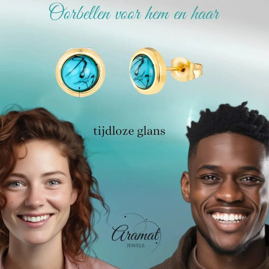 Turquoise oorbellen met gouden rand.