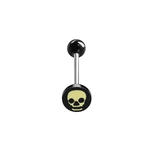 Aramat Jewels surgical steel tongue piercing with black acrylic skull logo and black balls.