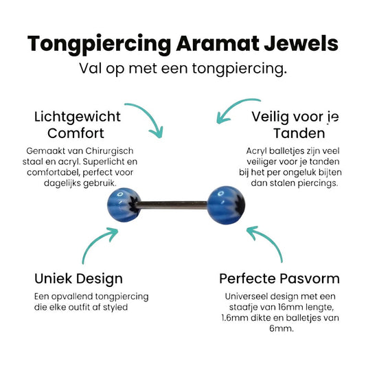 Aramat Jewels steel tongue piercing with blue and white striped acrylic balls featuring a weed leaf design.