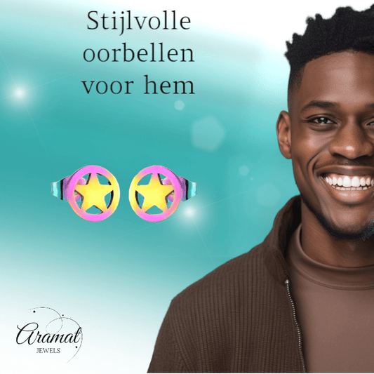 Ster cirkel oorstekers multikleur staal – 8mm - Aramat Jewels - Oorbellen - cadeautip