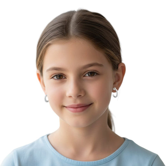 Aramat Jewels silver half hoop earrings with clear cubic zirconia, 14mm diameter, perfect for everyday or special occasions.