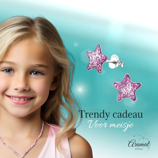 Zilveren Kinderoorbellen Paarse Glitter Ster 9mm - Aramat Jewels - Oorbellen - cadeautip