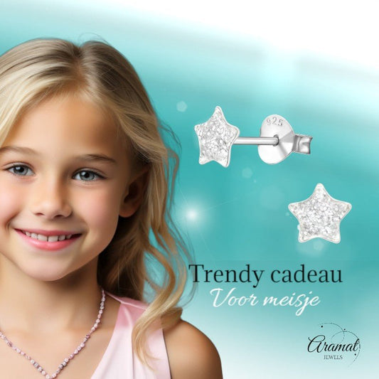 Zilveren Kinderoorbellen Transparante Glitter Ster 5mm - Aramat Jewels - Oorbellen - cadeautip