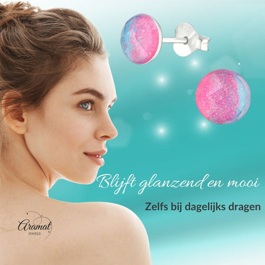 Zilveren Ronde Oorbellen met Blauwe en Roze Kristallen - Aramat Jewels - Oorbellen - cadeautip