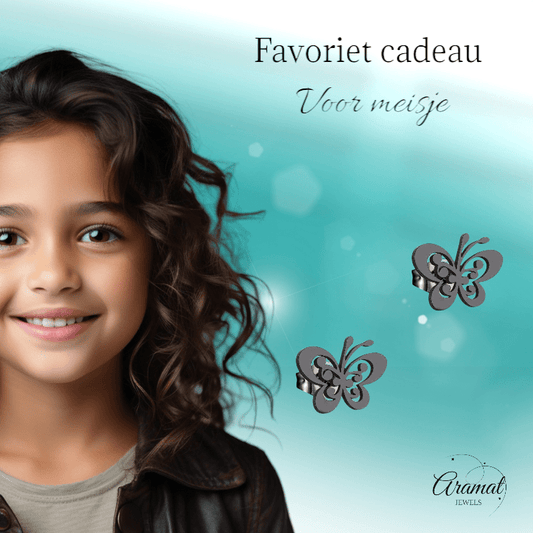 Zwarte vlinder oorstekers staal – 8x10mm open vleugel - Aramat Jewels - Oorbellen - cadeautip