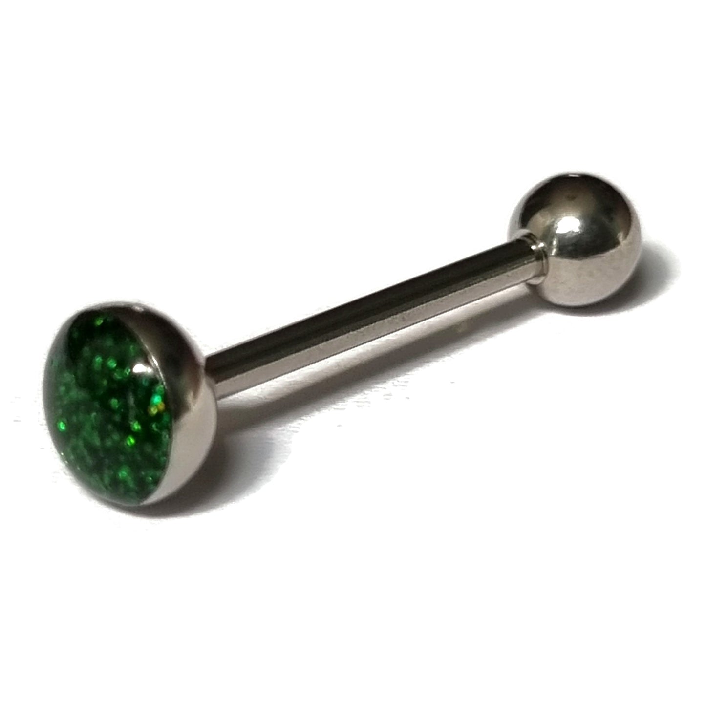 Stalen glitter Tongpiercing in Groen 1.6mm 16mm 5mm 7mm 8720157092506 alles Aramat Jewels Barbell chirurgisch staal dames Geen hanger glitter groen heren piercing Piercings PVD Staal Tong tong4 tongpiercings uniseks Volwassenen