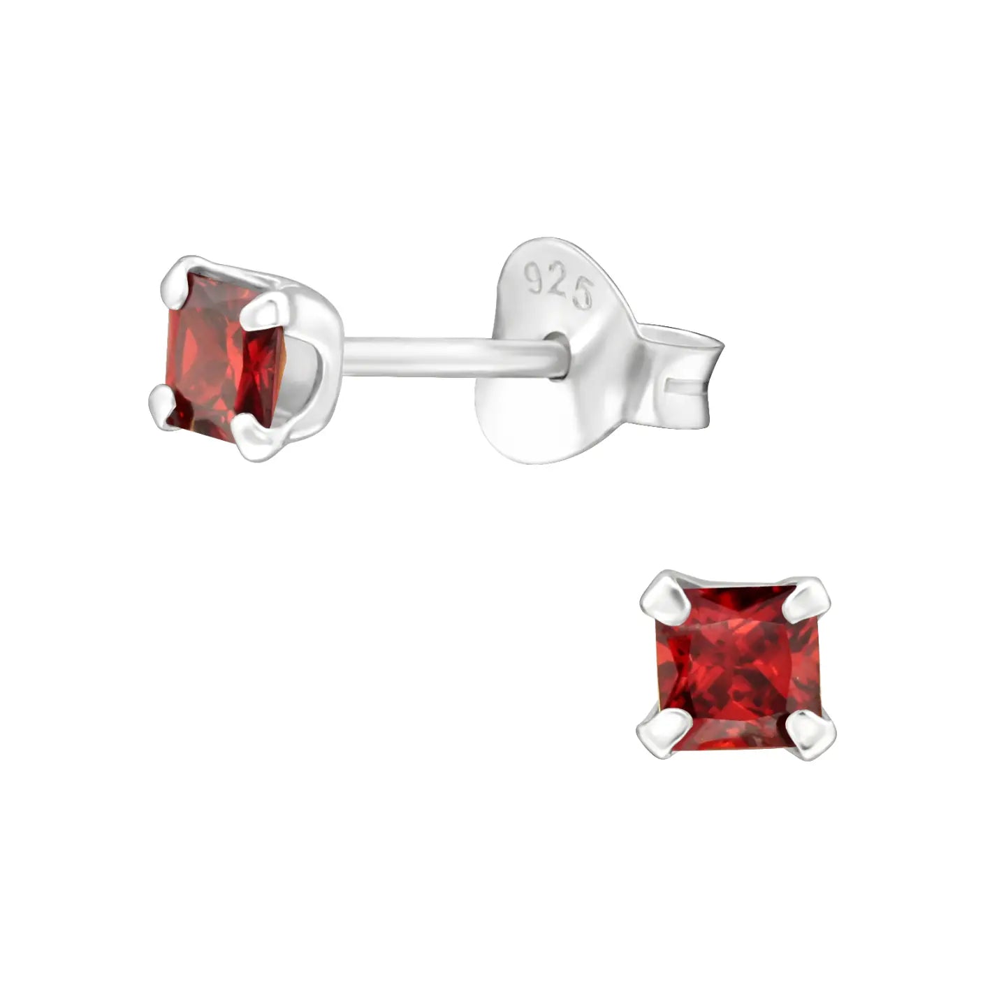 Rode Zirkonia Vierkante Zilveren Oorbellen 3mm