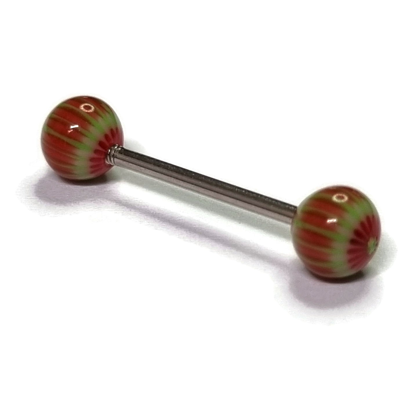 Tongpiercing streepjes Rood Groen 1.6mm 16mm 8720157009054 alles Aramat Jewels Barbell bloem Chirurgisch staal dames Geen hanger groen heren piercing Piercings PVD rood Staal Tong tong48 tongpiercings uniseks Volwassenen zilverkleurig