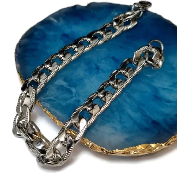 Bewerkte Gourmet Armband-staal-zilver-kleur-10mm-21cm 10mm 21cm alles armbanden bewerkt chirurgisch staal dames Geen hanger Geen_steen gourmet heren PVD Schakelarmband Staal Volwassenen zilverkleurig Zonder_hanger Zonder_steen