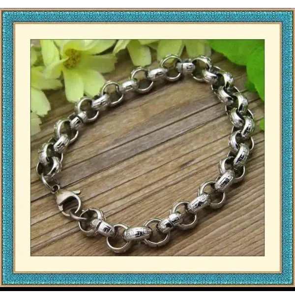 Bewerkte Jasseron Schakelarmband 9mm 21cm 21cm 9mm alles Armbanden chirurgisch staal dames Geen_steen griekse heren jasseron jin PVD Schakelarmband Staal uniseks Volwassenen zilverkleurig Zonder_hanger Zonder_steen
