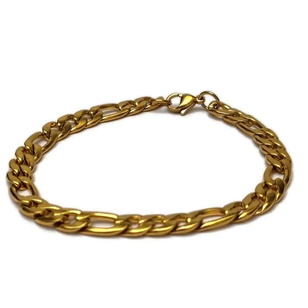 Goudkleurige Stalen Figaro Armband 6.5mm 21cm 21cm 6.5mm alles Aramat Jewels armbanden chirurgisch staal dames figaro Geen hanger Geen_Parel Geen_steen goudkleurig heren PVD Schakelarmband Staal uniseks Volwassenen Zonder_hanger Zonder_steen
