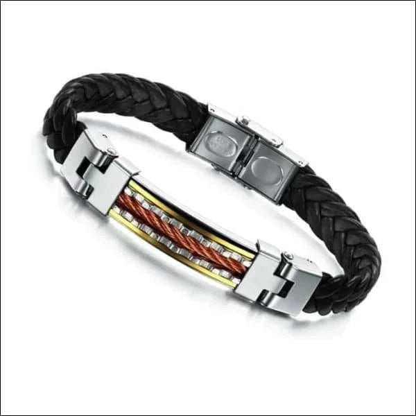 Lederen Armband Met Rvs Accenten 10mm 21cm alles armbanden chirurgisch staal Geen hanger Geen_steen goudkleurig leer Lerenarmband nakijken PVD rosékleurig Staal tekst Volwassenen zilverkleurig Zonder_hanger Zonder_steen zwart