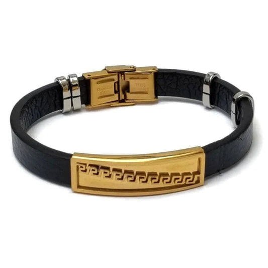 Leren Armband Goudkleurig Bruin Heren 21cm 21cm alles armbanden bruin chirurgisch staal dames Geen hanger Geen_steen goudkleurig griekse heren leer Lerenarmband nakijken PVD Staal tekst uniseks Volwassenen zilverkleurig Zonder_hanger Zonder_steen