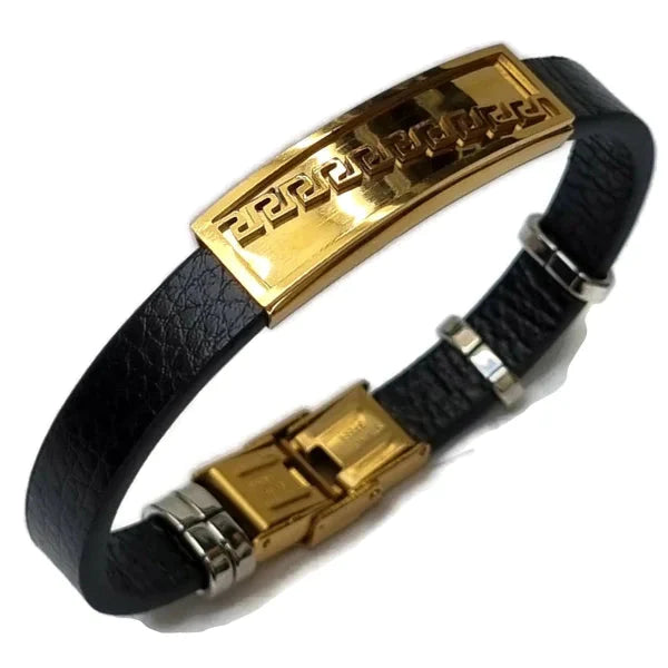Leren Armband Goudkleurig Bruin Heren 21cm 21cm alles armbanden bruin chirurgisch staal dames Geen hanger Geen_steen goudkleurig griekse heren leer Lerenarmband nakijken PVD Staal tekst uniseks Volwassenen zilverkleurig Zonder_hanger Zonder_steen
