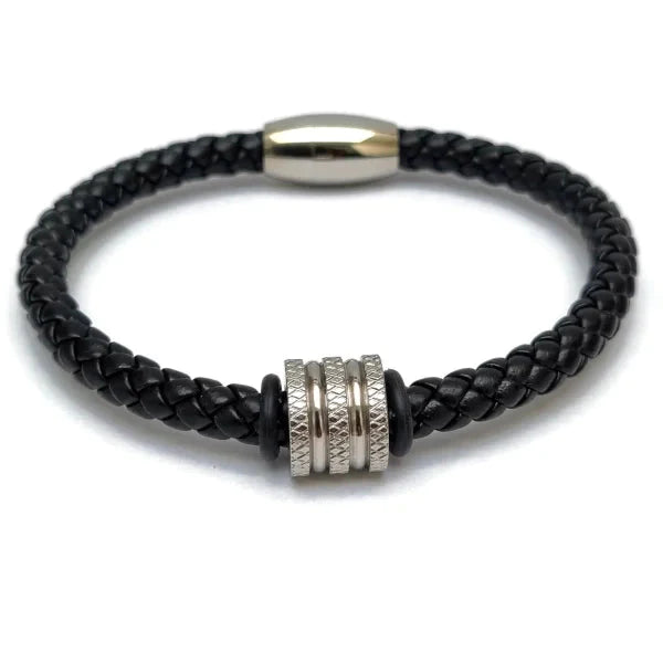 Leren Armband Kraal Met Stalen Accenten 20cm 6mm 20cm alles armbanden chirurgisch staal dames Geen hanger Geen_steen gevlochten heren jin leer Lerenarmband nakijken PVD Staal tekst uniseks Volwassenen zilverkleurig Zonder_hanger Zonder_steen zwart