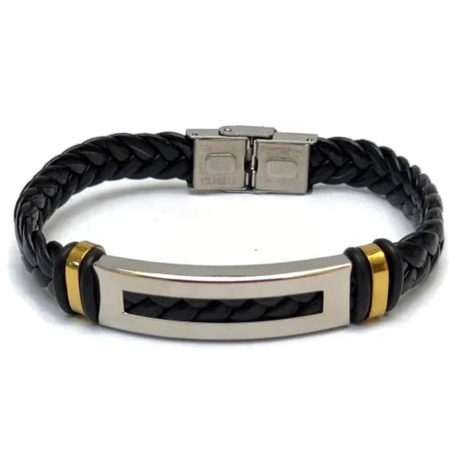 Leren Gevlochten Armband Met Rvs Accenten 10mm 21cm 10mm 21cm alles armbanden chirurgisch staal dames Geen hanger Geen_steen gevlochten goudkleurig heren leer Lerenarmband nakijken PVD Staal tekst uniseks vaderdag Volwassenen zilverkleurig Zonder_hanger Zonder_steen zwart