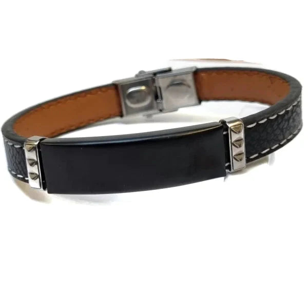 Leren Plaatarmband Met Staal Zwart Heren 20cm 10mm 20cm alles armbanden chirurgisch staal dames fantasie Geen hanger Geen_steen heren leer Lerenarmband nakijken PVD Staal tekst uniseks Volwassenen zilverkleurig Zonder_hanger Zonder_steen zwart