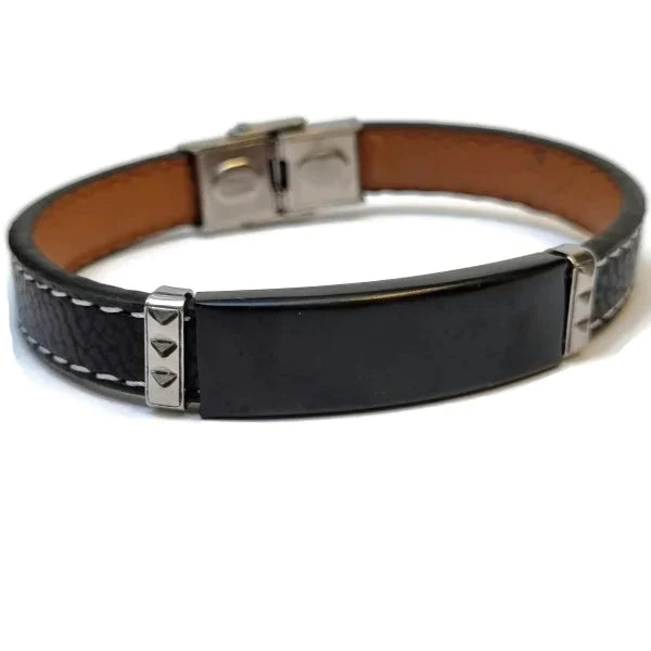 Leren Plaatarmband Met Staal Zwart Heren 20cm 10mm 20cm alles armbanden chirurgisch staal dames fantasie Geen hanger Geen_steen heren leer Lerenarmband nakijken PVD Staal tekst uniseks Volwassenen zilverkleurig Zonder_hanger Zonder_steen zwart
