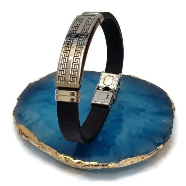 Siliconen Armband Met Rvs Accenten 10mm 20cm 8720157097792 alles Aramat Jewels armbanden chirurgisch staal dames Geen hanger Geen_Parel Geen_steen griekse heren nakijken PVD rubber Staal tekst uniseks verstelbaar Volwassenen zilverkleurig Zonder_hanger Zonder_steen zwart