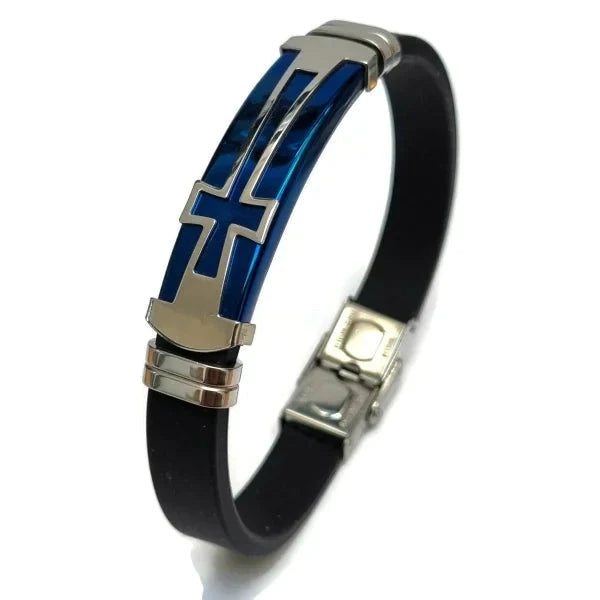 Siliconen Armband Met Rvs Accenten Blauwe Plaat 10mm 21cm 8720157001799 alles Aramat Jewels armbanden blauw chirurgisch staal dames Geen_Parel Geen_steen heren kruis nakijken PVD rubber silicone Staal tekst uniseks verstelbaar Volwassenen zilverkleurig Zonder_hanger Zonder_steen zwart
