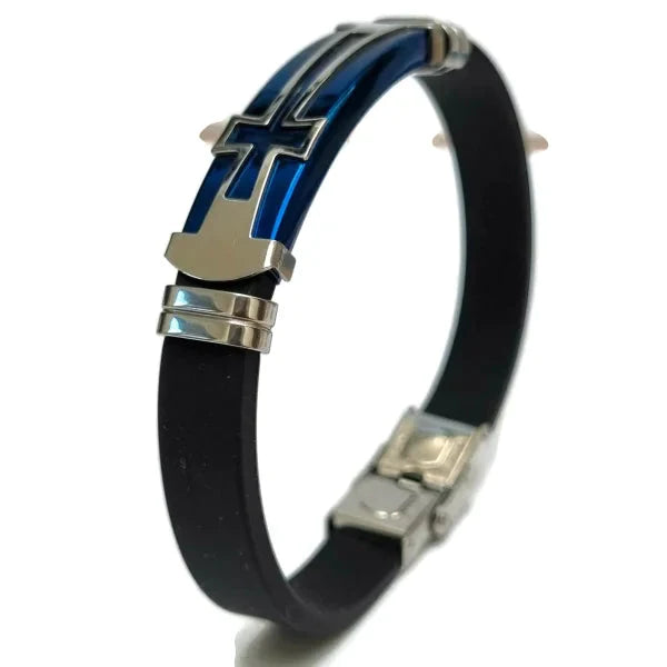 Siliconen Armband Met Rvs Accenten Blauwe Plaat 10mm 21cm 8720157001799 alles Aramat Jewels armbanden blauw chirurgisch staal dames Geen_Parel Geen_steen heren kruis nakijken PVD rubber silicone Staal tekst uniseks verstelbaar Volwassenen zilverkleurig Zonder_hanger Zonder_steen zwart