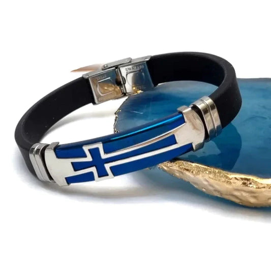 Siliconen Armband Met Rvs Accenten Blauwe Plaat 10mm 21cm 8720157001799 alles Aramat Jewels armbanden blauw chirurgisch staal dames Geen_Parel Geen_steen heren kruis nakijken PVD rubber silicone Staal tekst uniseks verstelbaar Volwassenen zilverkleurig Zonder_hanger Zonder_steen zwart