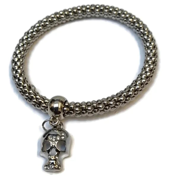 Stalen Armband Popcorn Doodskop 19cm alles Aramat Jewels armbanden chirurgisch staal dames doodskop Geen_Parel kristal mesh Met_hanger nakijken popcorn PVD rekbaar Schakelarmband Staal tekst transparant Volwassenen zilverkleurig