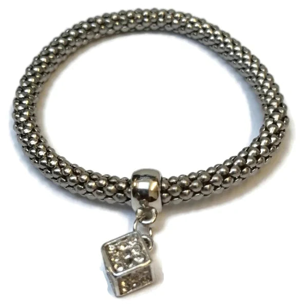 Stalen Armband Popcorn Kubus Kristal 19cm 6mm alles Aramat Jewels armbanden chirurgisch staal dames Geen hanger Geen_Parel kristal kubus mesh Met_steen nakijken popcorn PVD rekbaar Schakelarmband Staal tekst transparant Volwassenen zilverkleurig