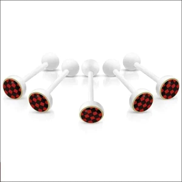 Witte Tongpiercing met logo Geruit-Zwart-Rood 1.6mm 16mm 8mm alles Aramat Jewels Barbell bioplast dames Geen hanger Geen_steen heren Meerdere Varianten piercing Piercings Tong Tongpiercings uniseks Volwassenen wit