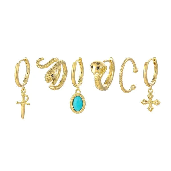 Een Set Van Drie Gouden Hoepeloorbellen Met Turquoise Steen