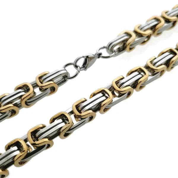 Stalen Koningsketting Vierkant Bicolor- 55cm 9mm 4mm 60cm 8720157031048 alles Aramat Jewels bicolor chirurgisch staal Geen edelsteen Geen_Parel Geen_steen goudkleurig halskettingen heren ket663-XN13234 Ketting zonder hanger konings Meerdere Maten PVD Schakelketting Staal Statement ketting tekst uniseks unisex Volwassenen zilverkleurig Zonder_hanger Zonder_steen