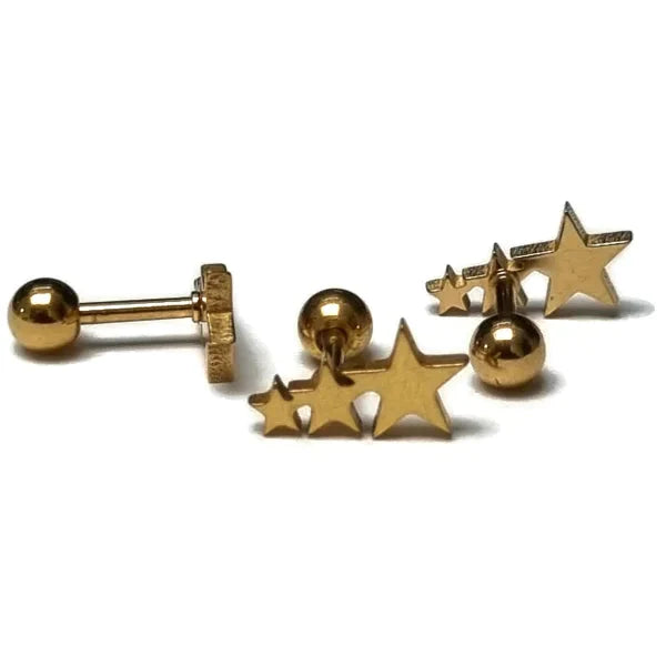 Helixpiercing 3 Sterretjes Goudkleurig Chirurgisch Staal 1.2mm 3 sterren 6mm alles Barbell chirurgisch staal dames fantasie goudkleurig Helix helixpiercings jin nakijken Oor piercing Piercings PVD Staal ster Sterretje tekst Volwassenen Zonder_steen