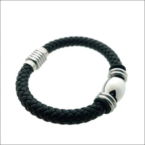 Gevlochten Leren Armband Met Stalen Kralen Zwart Heren 22cm 22cm alles Armbanden chirurgisch staal fantasie Geen_steen gevlochten heren kraal leer Lerenarmband nakijken PVD Staal tekst uniseks vaderdag Volwassenen zilverkleurig Zonder_hanger Zonder_steen zwart
