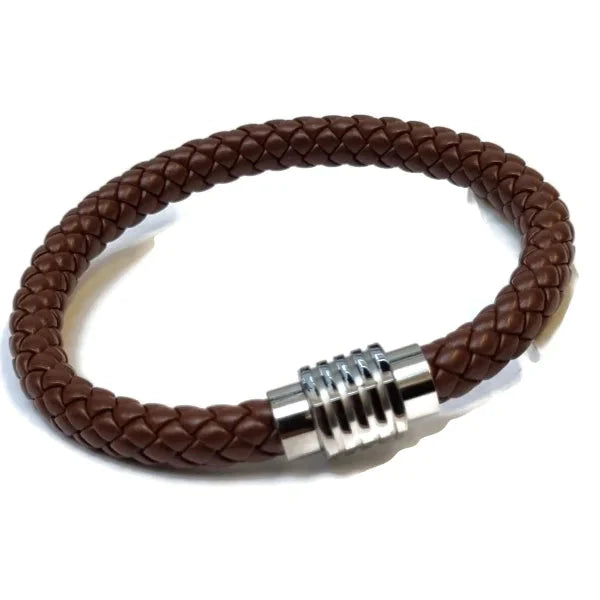 Gevlochten Leren Armband Bruin Heren 22cm 8mm 22cm 8mm alles Armbanden bruin chirurgisch staal dames gevlochten heren leer Lerenarmband magneetsluiting nakijken PVD Staal tekst uniseks Volwassenen zilverkleurig Zonder_hanger Zonder_steen