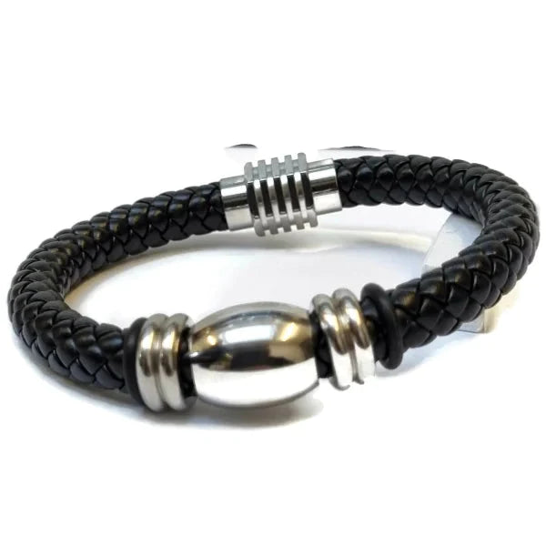 Gevlochten Leren Armband Met Stalen Kralen Zwart Heren 22cm 22cm alles Armbanden chirurgisch staal fantasie Geen_steen gevlochten heren kraal leer Lerenarmband nakijken PVD Staal tekst uniseks vaderdag Volwassenen zilverkleurig Zonder_hanger Zonder_steen zwart