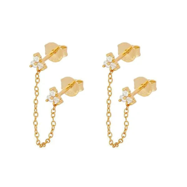 Oorbellen | Goldplated-oorbellen-met Kettinkje- 3 Steentjes-