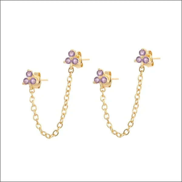 Oorbellen | Goldplated-oorbellen-met Kettinkje- 3 Steentjes-