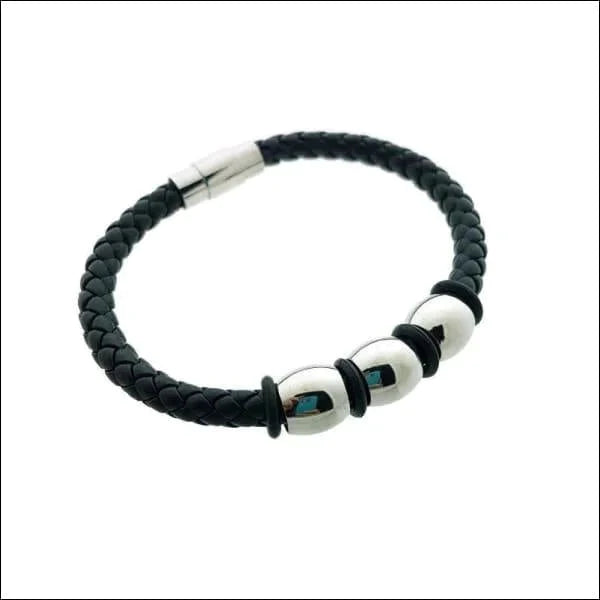 Gevlochten Leren Armband Met Stalen Kralen Zwart Heren 21cm 21cm 6mm alles Armbanden chirurgisch staal dames Geen_steen gevlochten heren kraal leer Lerenarmband magneetsluiting nakijken PVD Staal tekst uniseks Volwassenen zilverkleurig Zonder_hanger Zonder_steen zwart