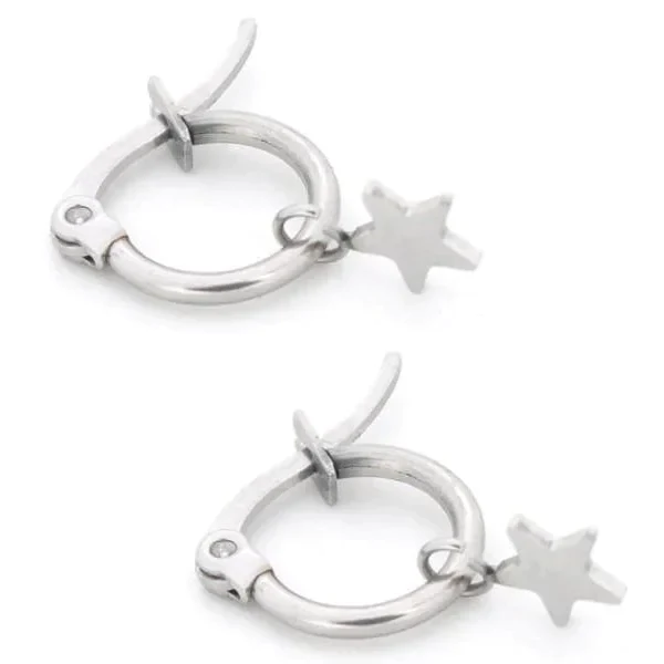 Stalen Oorringen Met Bedel Ster 14mm Zilverkleurig 14mm alles chirurgisch staal Geen edelsteen Geen hanger Geen_Parel Meerdere kleuren Met_hanger oorbellen oorringen oorringetjes PVD rosékleurig Soort sieraad_Oorringen Staal ster zweerknopjes