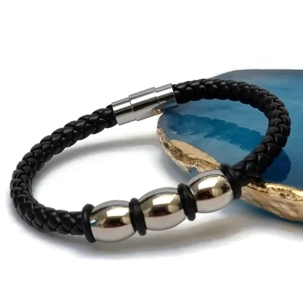 Gevlochten Leren Armband Met Stalen Kralen Zwart Heren 21cm 21cm 6mm alles Armbanden chirurgisch staal dames Geen_steen gevlochten heren kraal leer Lerenarmband magneetsluiting nakijken PVD Staal tekst uniseks Volwassenen zilverkleurig Zonder_hanger Zonder_steen zwart