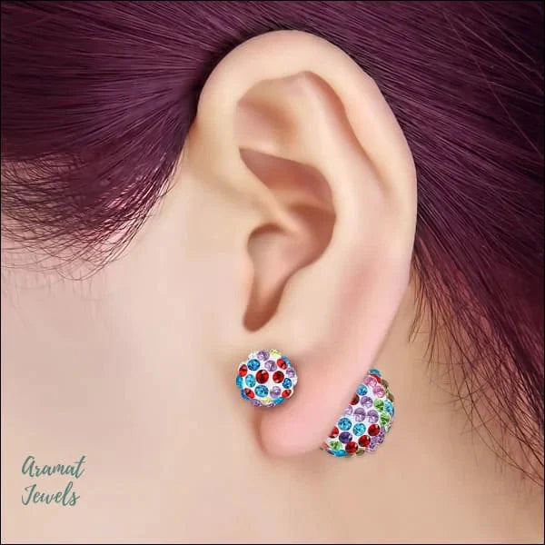 Dubbele Oorstekers 14mm 8720157020660 8mm alles Aramat Jewels blauw chirurgisch staal dames Geen hanger Geen oormodel Geen_Parel Multi Kleur Multikleur multikleurig oorbellen PVD shamballa Shamballa Licht Blauw Shamballa Multikleur Staal Volwassenen zilverkleurig zweerknopjes