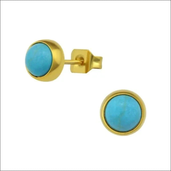 Stalen Oorbellen turquoise steentje 6mm 5mm 6mm alles blauw chirurgisch staal dames Geen hanger Geen oormodel Geen_Parel goudkleurig Kleur_Goudkleurig oorbellen PVD rond Soort sieraad_Oorbellen staal Volwassenen zweerknopjes