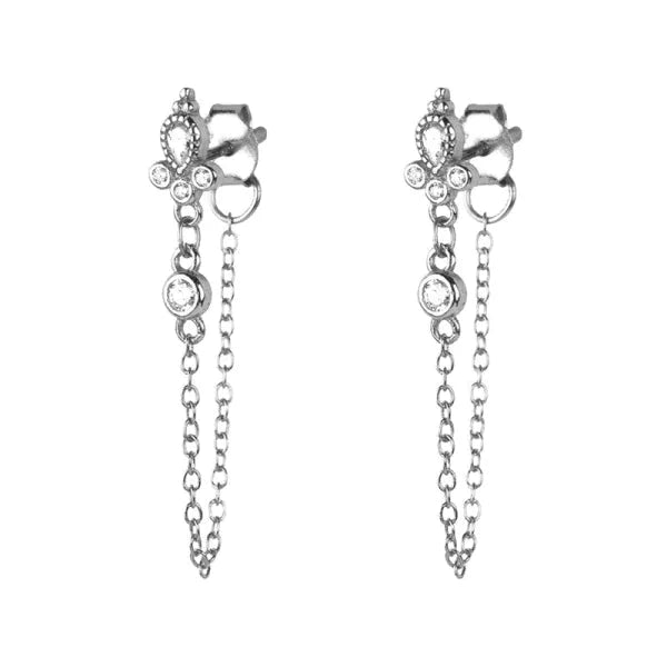 Boho Oorbellen-met Ketting- 5 Steentjes-transparant 9mm alles bali boho CRMYA dames Geen_Parel Met_ketting Met_steen Oor oorbellen silver transparant Volwassenen zilver zirkonia