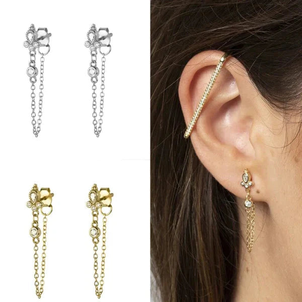 Boho Oorbellen-met Ketting- 5 Steentjes-transparant 9mm alles bali boho CRMYA dames Geen_Parel Met_ketting Met_steen Oor oorbellen silver transparant Volwassenen zilver zirkonia