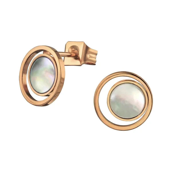 Oorbellen-rond-wit-staal-schelp-9mm Rosékleurig 9mm alles chirurgisch staal dames elf925 goudkleurig Meerdere kleuren Met_steen oorbellen Paarlemoer rond rosékleurig schelp Staal Volwassenen wit