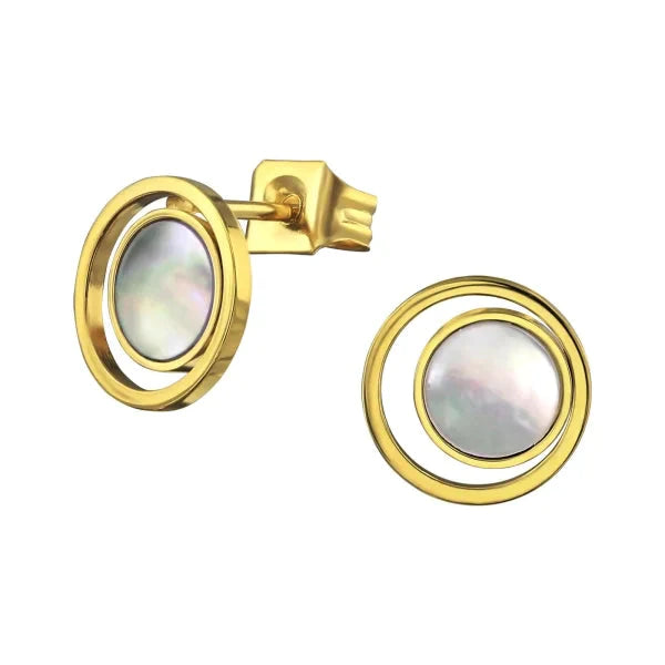 Oorbellen-rond-wit-staal-schelp-9mm Goudkleurig 9mm alles chirurgisch staal dames elf925 goudkleurig Meerdere kleuren Met_steen oorbellen Paarlemoer rond rosékleurig schelp Staal Volwassenen wit