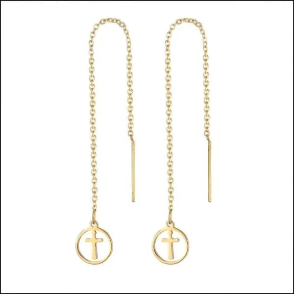 Stalen Goudkleurige Doortrek Oorbellen Met Kettinkje cirkel met kruisje 10mm 2 hartjes 8720157038504 9cm alles Aramat Jewels chirurgisch staal cirkel cirkel met kruisje dames doortrekoorbellen fgift Geen edelsteen Geen hanger Geen oormodel Geen steen gepolijst goudkleurig Hamsa Hand hart Hartje Kroon Meerdere Varianten met ketting Met_ketting Nieuw oorbellen PVD Sleutel Staal Volwassenen Zeester Zonder_steen zweerknopjes