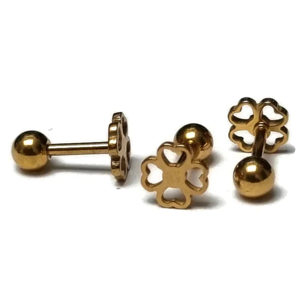Helixpiercing Klavertje 4 Goudkleurig Chirurgisch Staal 1.2mm 6mm alles Barbell blad chirurgisch staal dames goudkleurig Helix helixpiercings jin nakijken natuur Oor piercing Piercings PVD Staal Stud tekst Volwassenen Zonder_steen