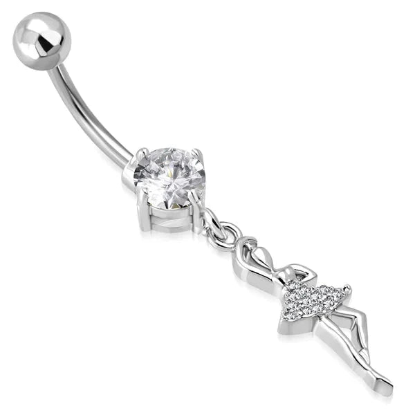 Stalen Navelpiercing Met Hanger Ballerina 1.6mm 10mm alles Aramat Jewels ballet chirurgisch staal dames Gebogen barbell Met_hanger nakijken Navel Navelpiercing met hanger navelpiercings piercing Piercings PVD Staal transparant Volwassenen zilverkleurig zirkonia